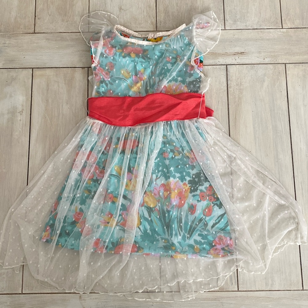 Magpie & Mabel Green Floral Dress with Ivory Sheer Overlay Size 4